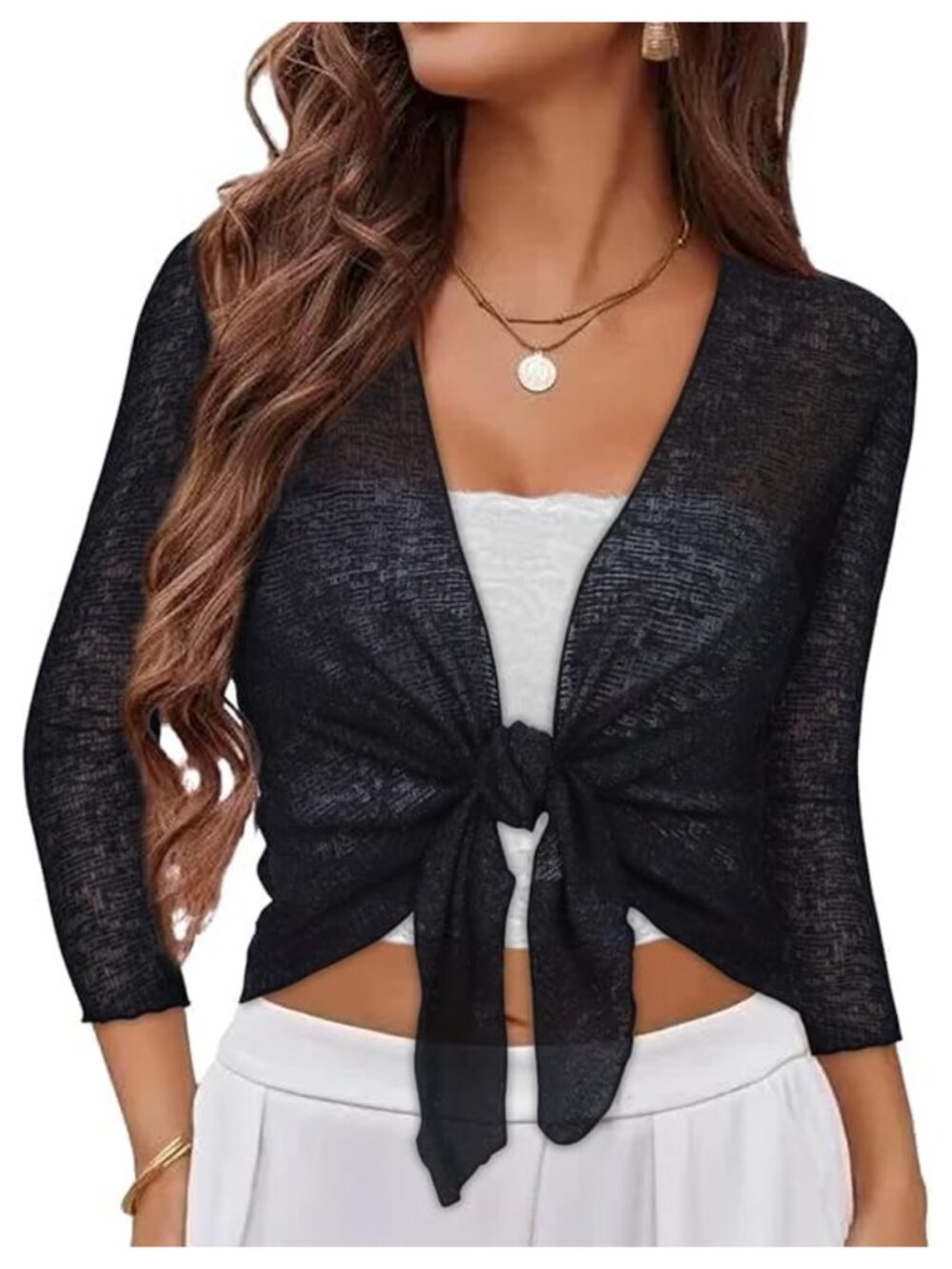Sheer Lace Bolero Shrug 3/4 Sleeve Tie Front Cardigan for Dresses